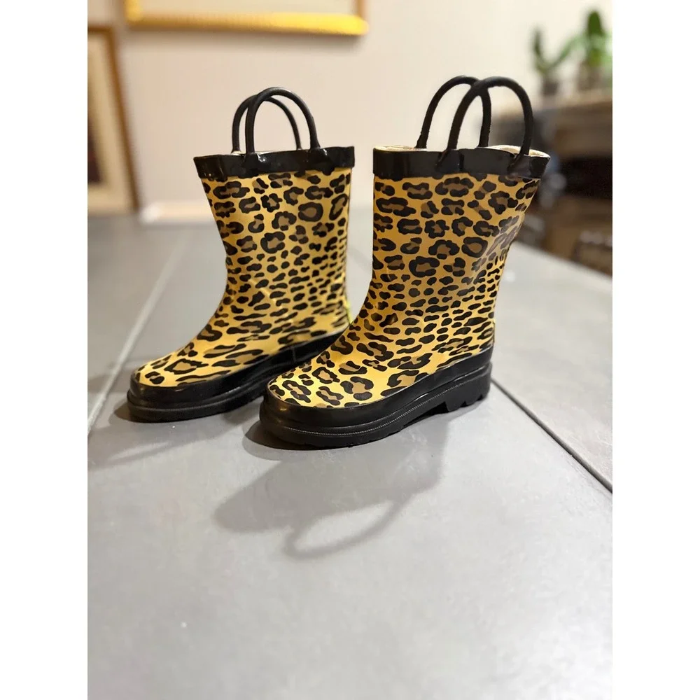 Vintage Western Chief Kids Leopard Print Rain Boots Yellow Pull Handles Size 9